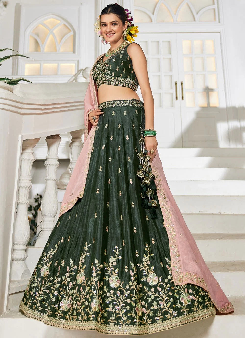 Olive Sequin Work Poly Chiffon Lehenga Choli for Sister Wedding