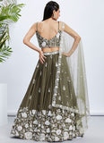 Olive Poly Georgette Sequins and Thread Work Indian Wedding Wear Lehenga