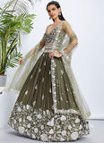 Olive Poly Georgette Sequins and Thread Work Indian Wedding Wear Lehenga