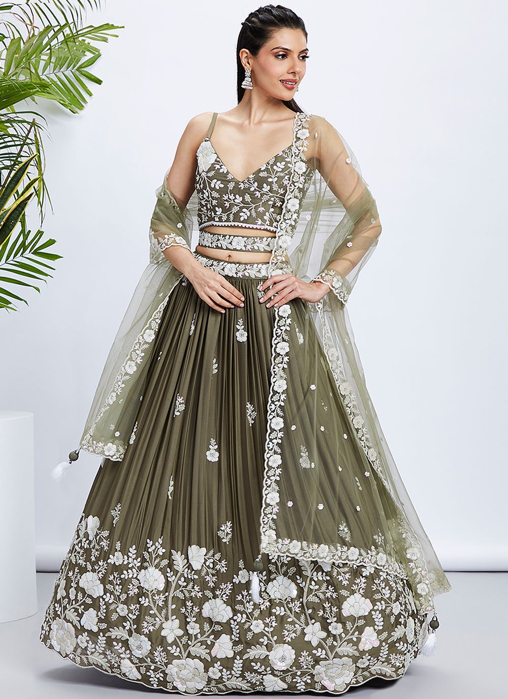 Olive Poly Georgette Sequins and Thread Work Indian Wedding Wear Lehenga