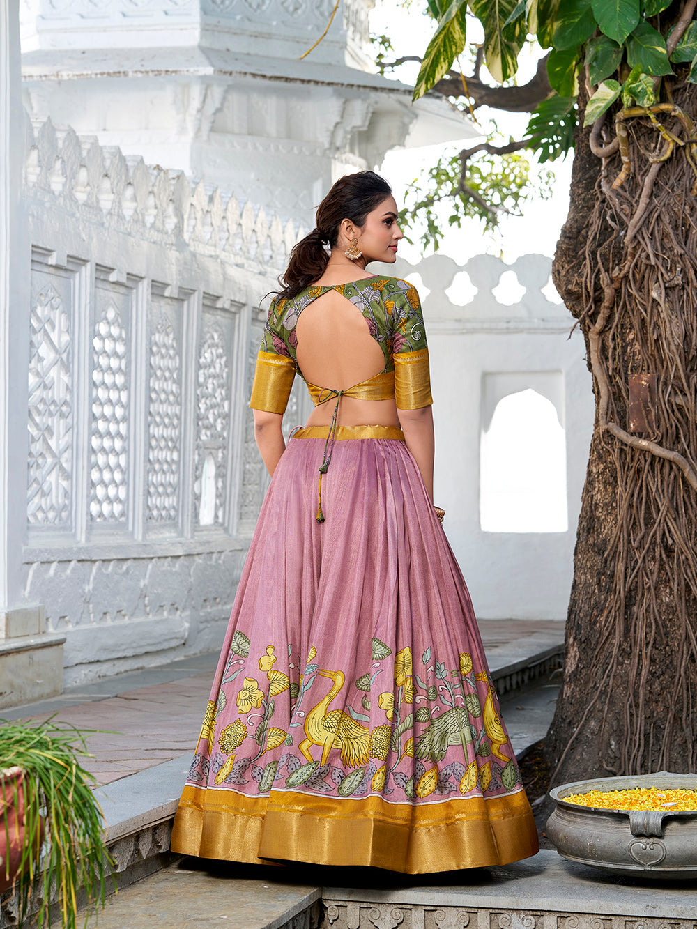 Onion Color Printed (Kalamkari) With Zari Weaving Border Jacquard Silk Lehenga Choli