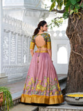 Onion Color Printed (Kalamkari) With Zari Weaving Border Jacquard Silk Lehenga Choli