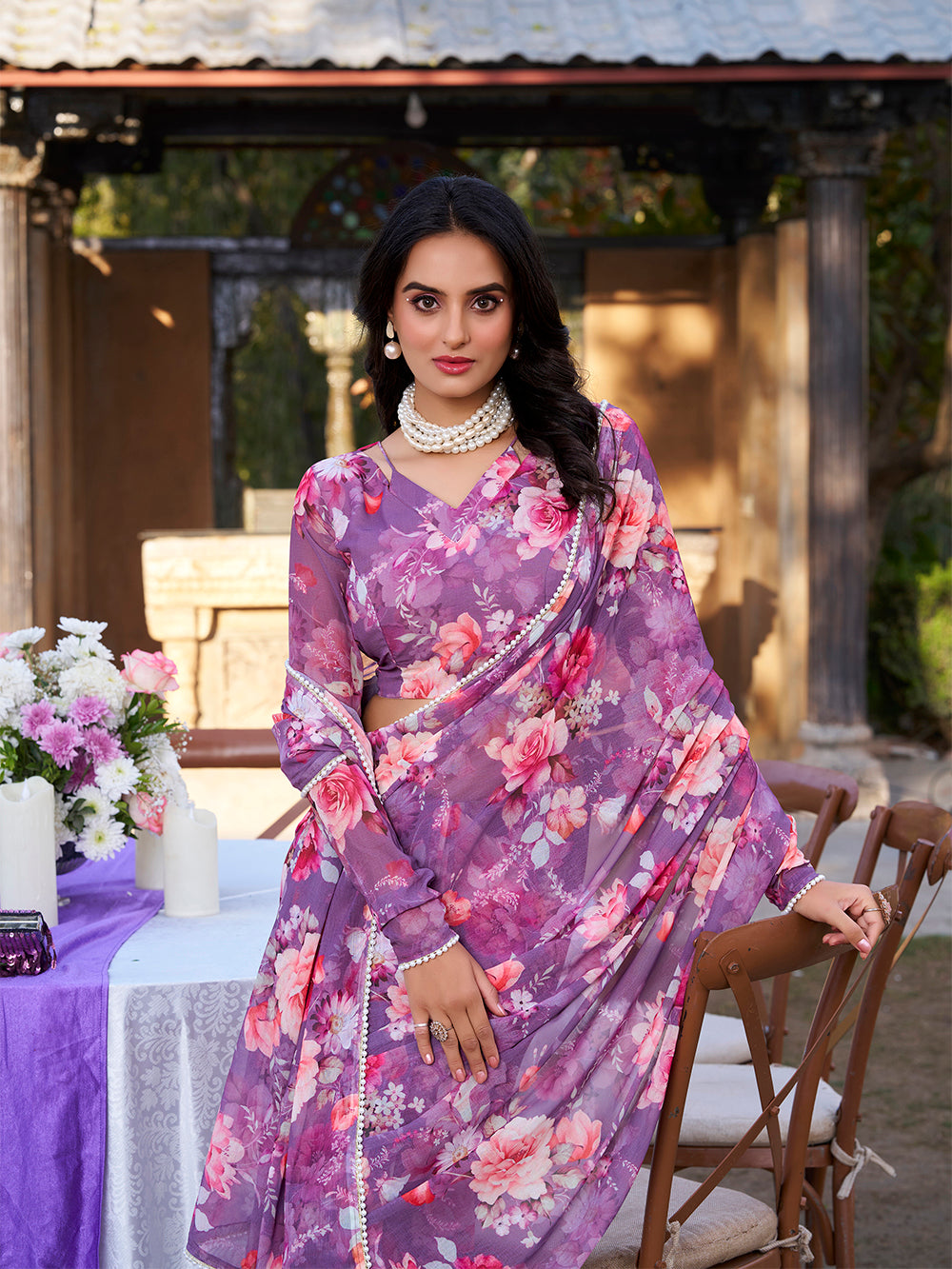 Onion color marble printed saree with pearl lace border