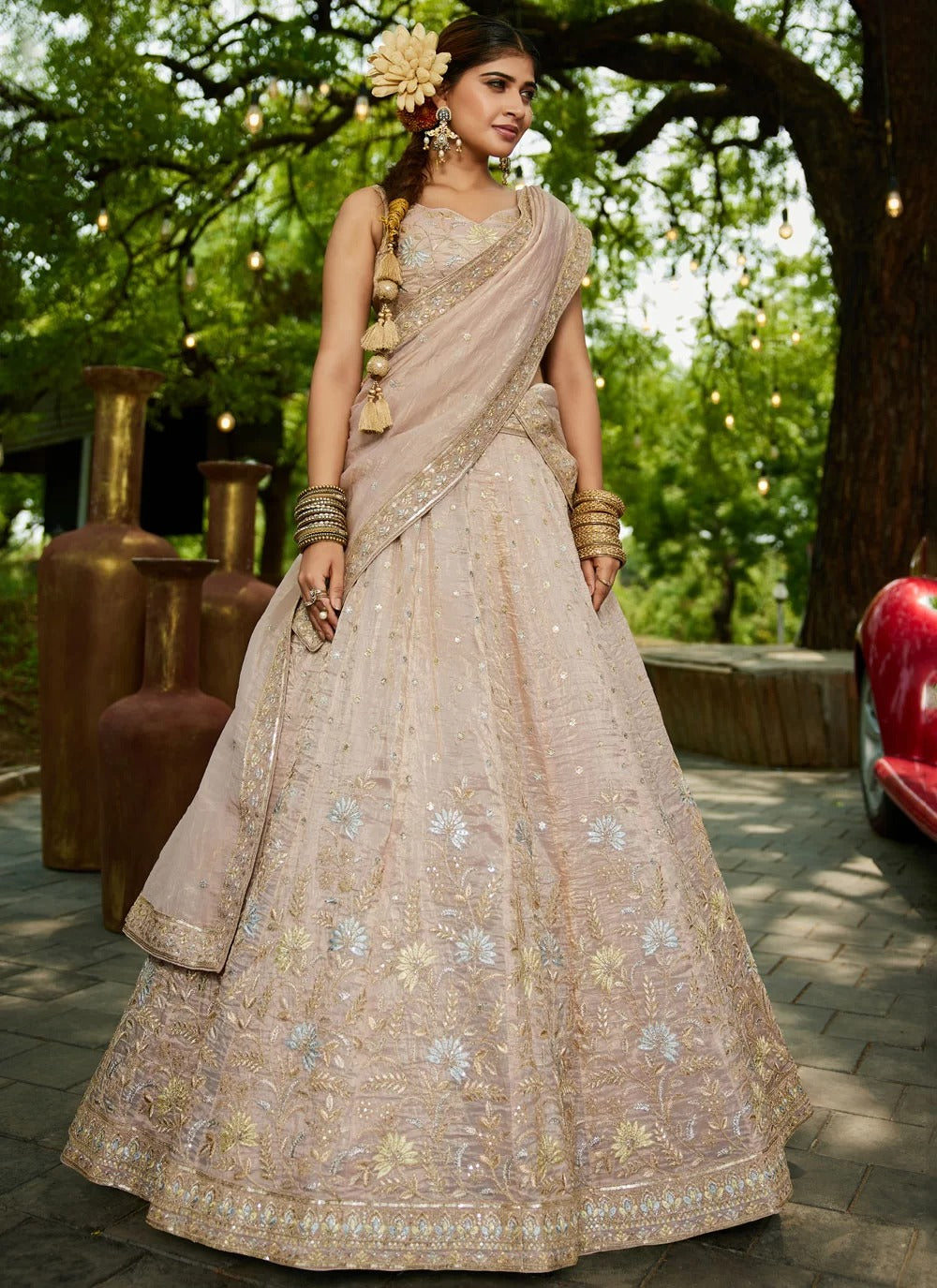 Opalescent Nude Tissue Lehenga with Sequins & Embroidery