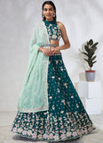 Opulent Green Poly Georgette Lehenga Choli Set with Exquisite Printing and Swarovski Work