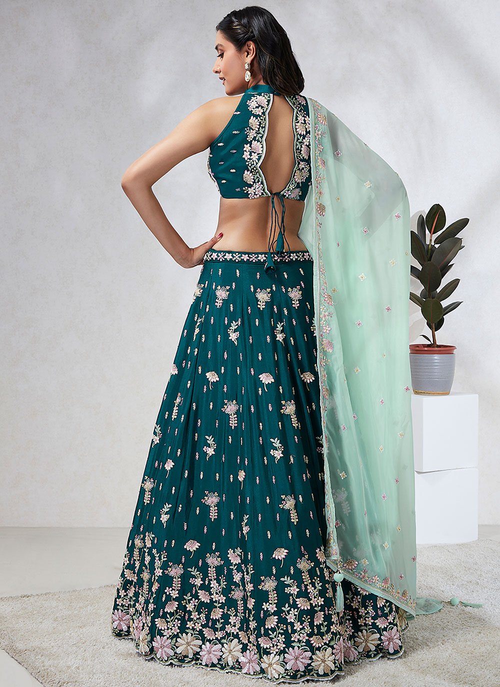 Opulent Green Poly Georgette Lehenga Choli Set with Exquisite Printing and Swarovski Work