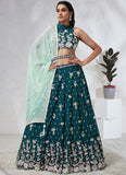 Opulent Green Poly Georgette Lehenga Choli Set with Exquisite Printing and Swarovski Work