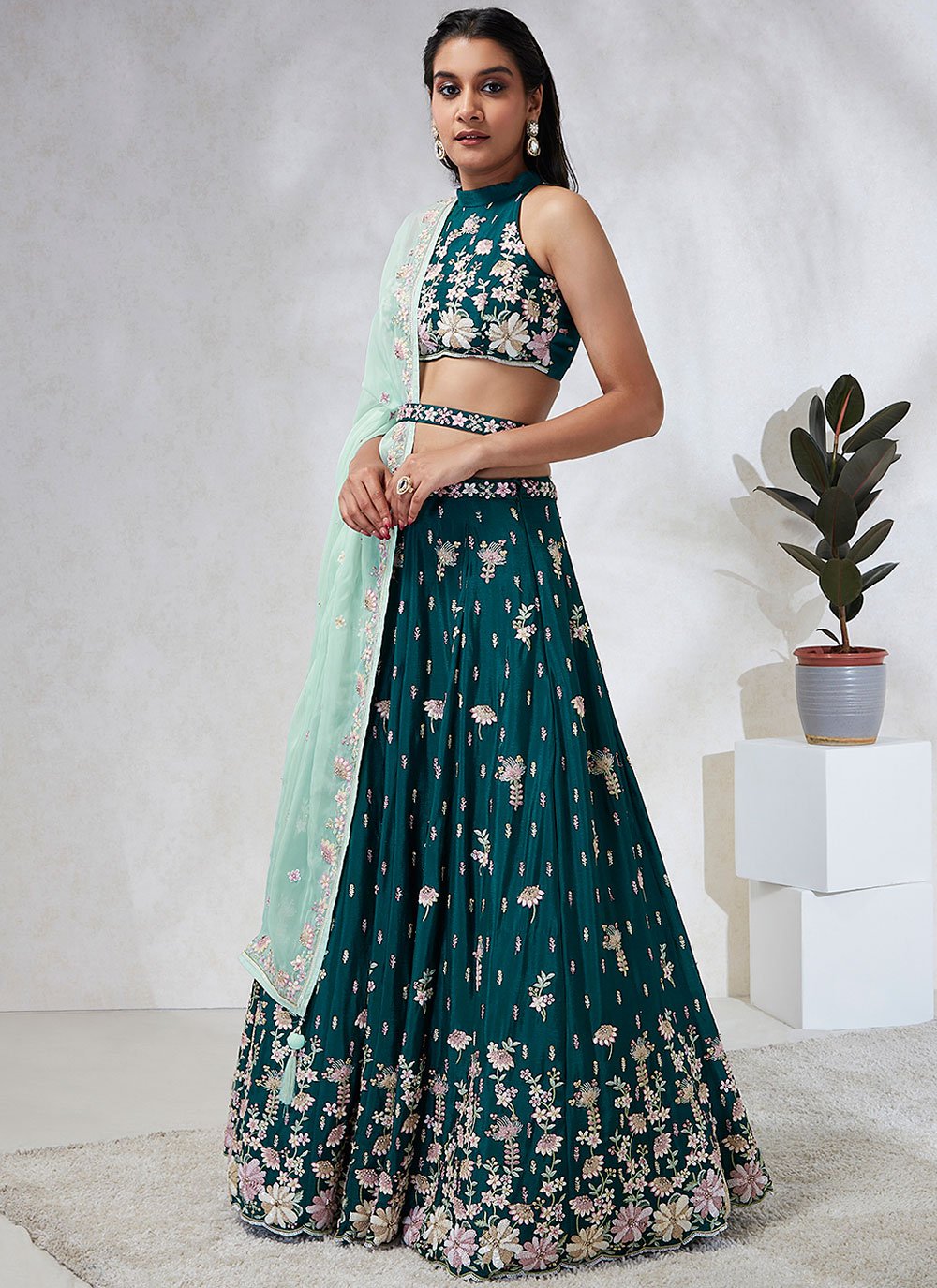 Opulent Green Poly Georgette Lehenga Choli Set with Exquisite Printing and Swarovski Work