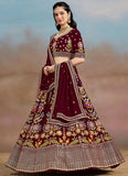Maroon georgette sangeet bridal lehenga with sequins, zari, dori and multicolor thread embroidery
