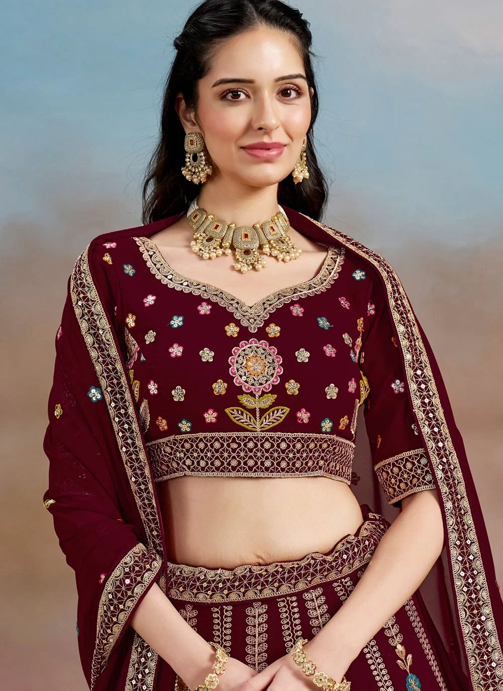 Regal Maroon Georgette Embroidered Lehenga with Sequins & Zari for Sangeet