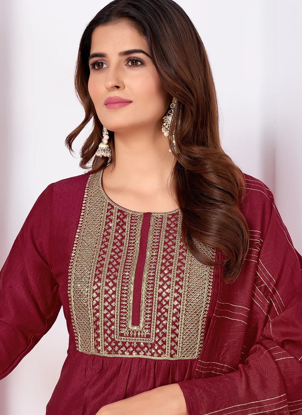 Maroon Sequin Embroidered Suit with Banarasi Dupatta