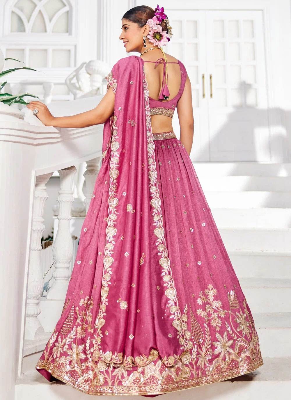 Opulent Rosegold Georgette Lehenga with Sequins & Embroidery