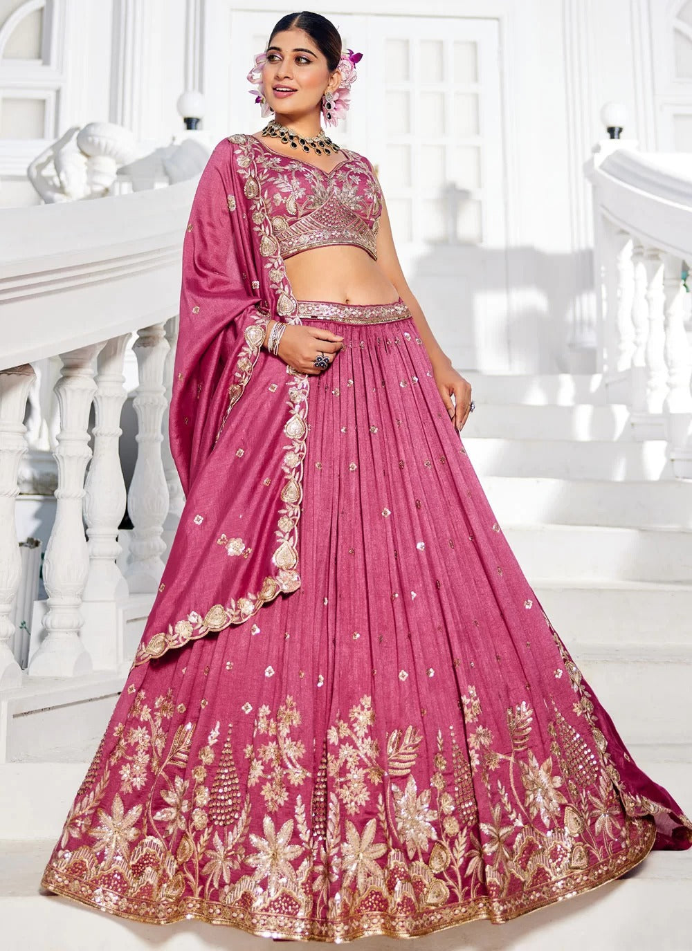 Opulent Rosegold Georgette Lehenga with Sequins & Embroidery