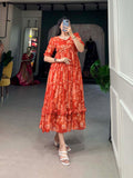 Orange Color Floral Print Georgette Festive Wear Dress