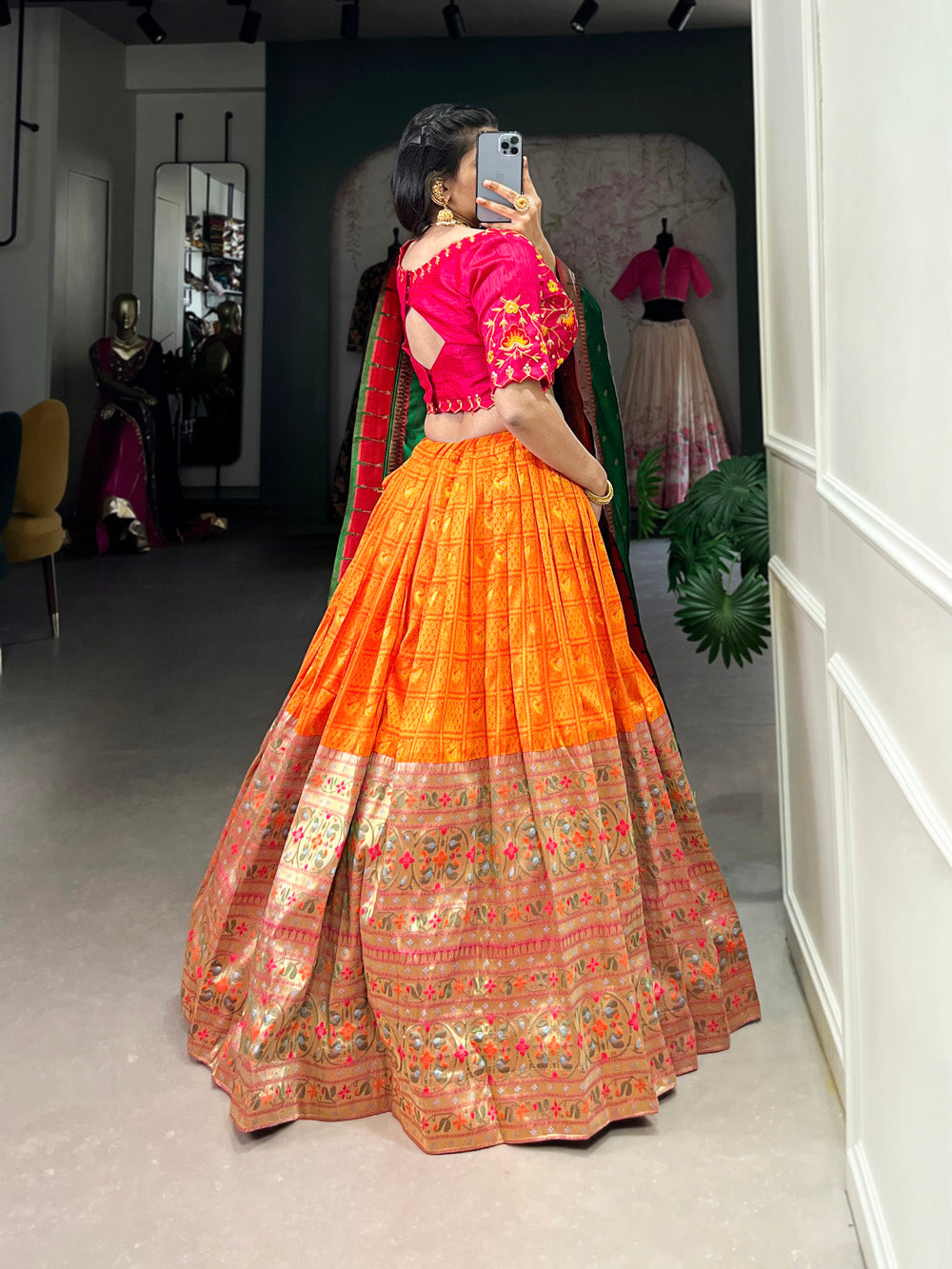 Orange Color Jacquard (Paithani) Zari Weaving Work South Indian Lehenga Choli