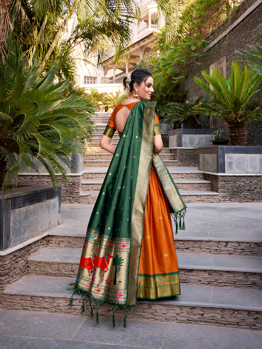 Orange Color Zari Weaving Work Jacquard Silk(Paithani) Lehenga Choli