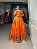Orange Color Zari Weaving Work Jacquard Silk Dress