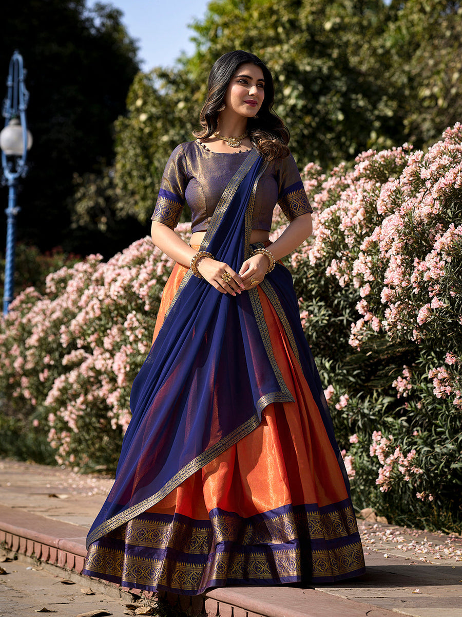 Orange Color Zari Weaving Work Kanchipuram Pattu Lehenga  Choli