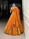 Orange Color Plain  With  Zari Weaving Work Chanderi Lehenga Choli