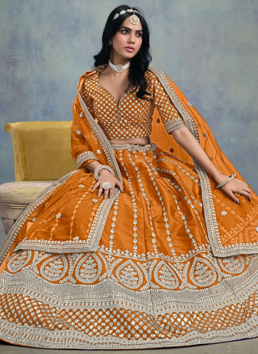 Designer Orange Art Silk Wedding Lehenga