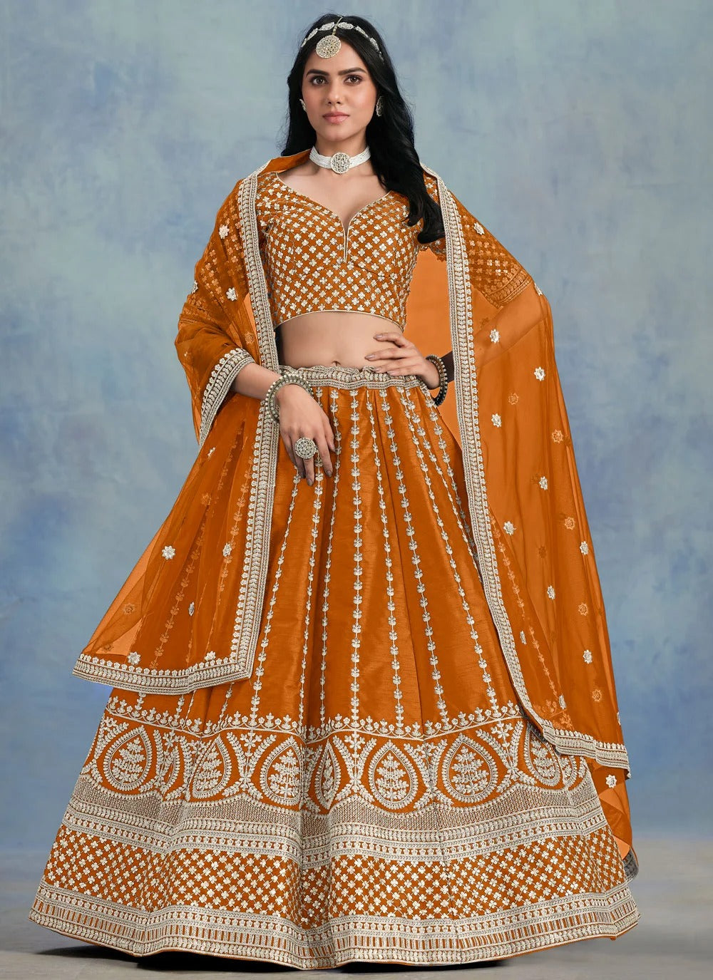 Orange Festive Lehenga with Soft Net Dupatta