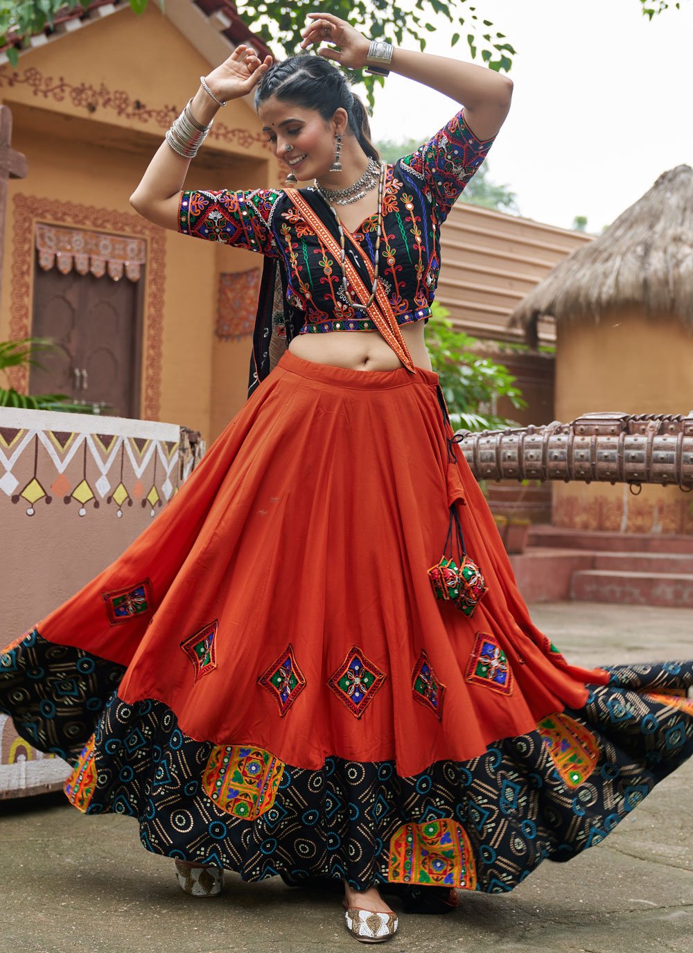 Orange Viscose Rayon Mirror Work Embroidered Lehenga Choli Online