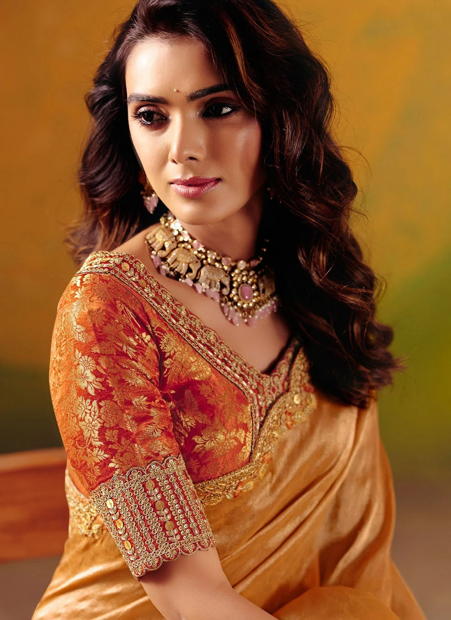 Orange Embroidered Silk Saree for Wedding Guest