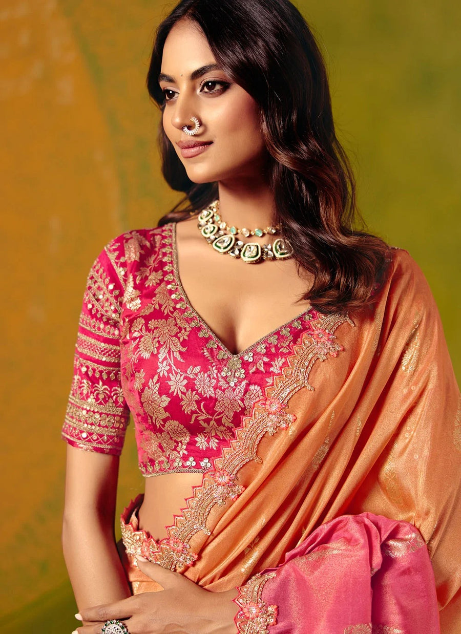 Orange Wedding Function Saree with Readymade Blouse