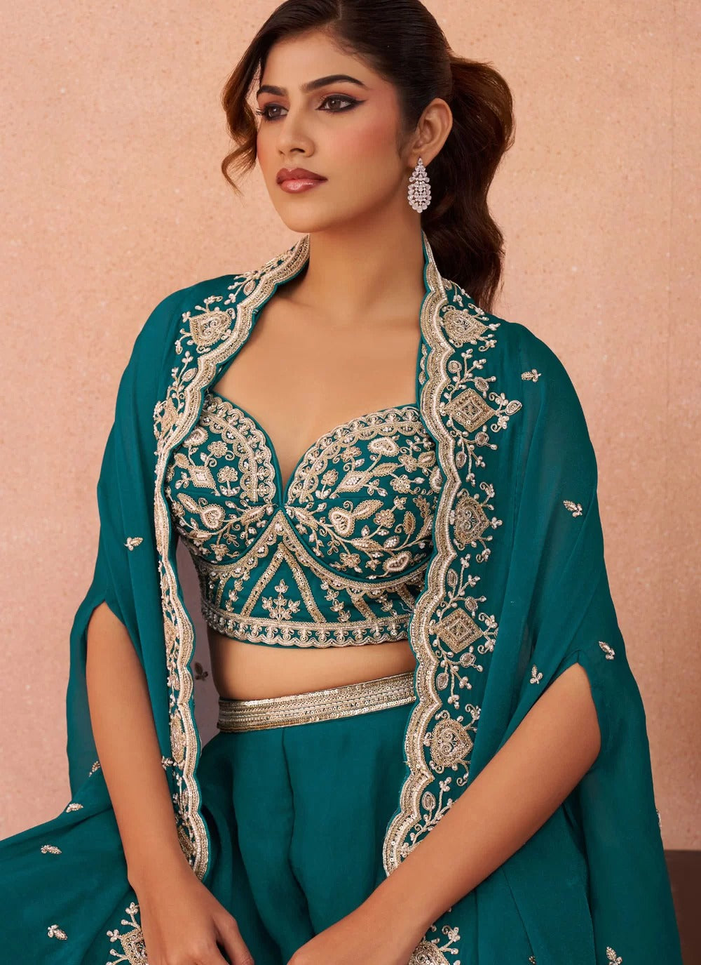 Elegant organza indo western outfit for destination wedding styling