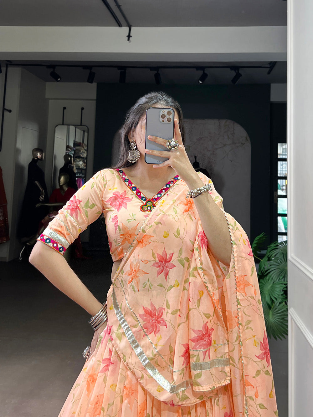 Peach Floral Print Dupatta with Lace Border