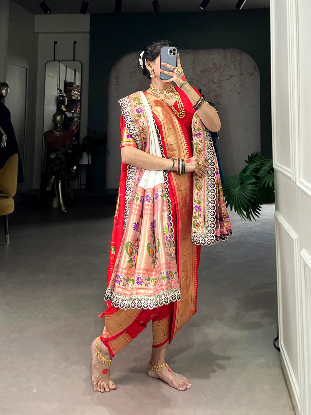 Traditional red saree with zari work