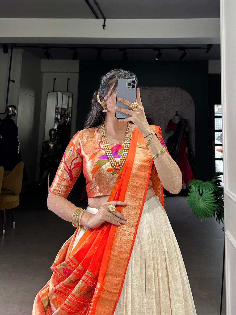 White Color Zari Weaving With Lace Border Vichitra Silk Lehenga Choli