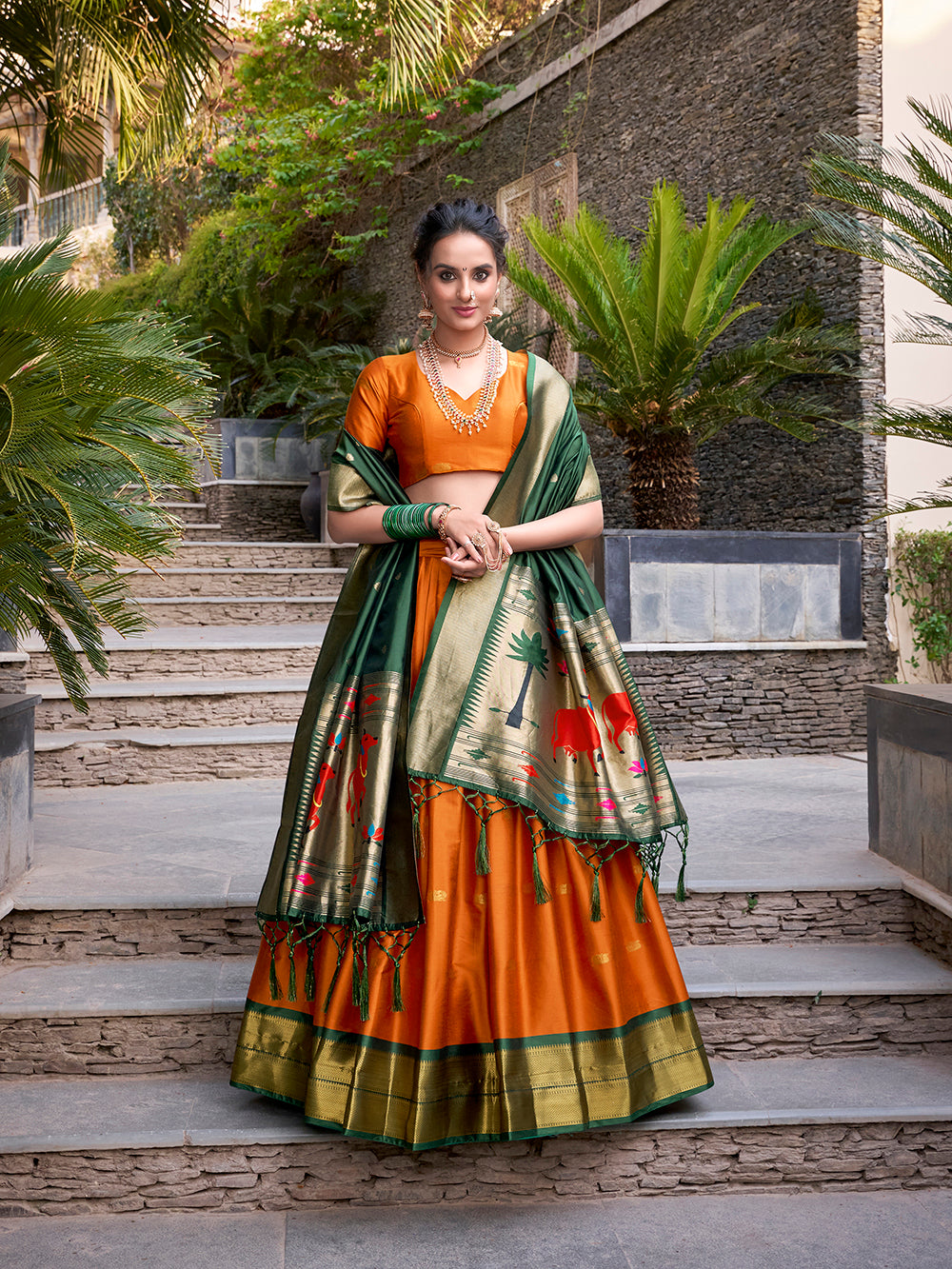 Orange Color Zari Weaving Work Jacquard Silk(Paithani) Lehenga Choli