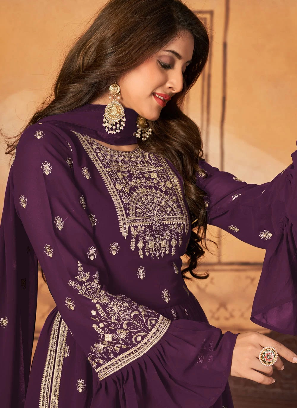 Palazzo Pants Design Faux Georgette Embroidered Suit In Purple