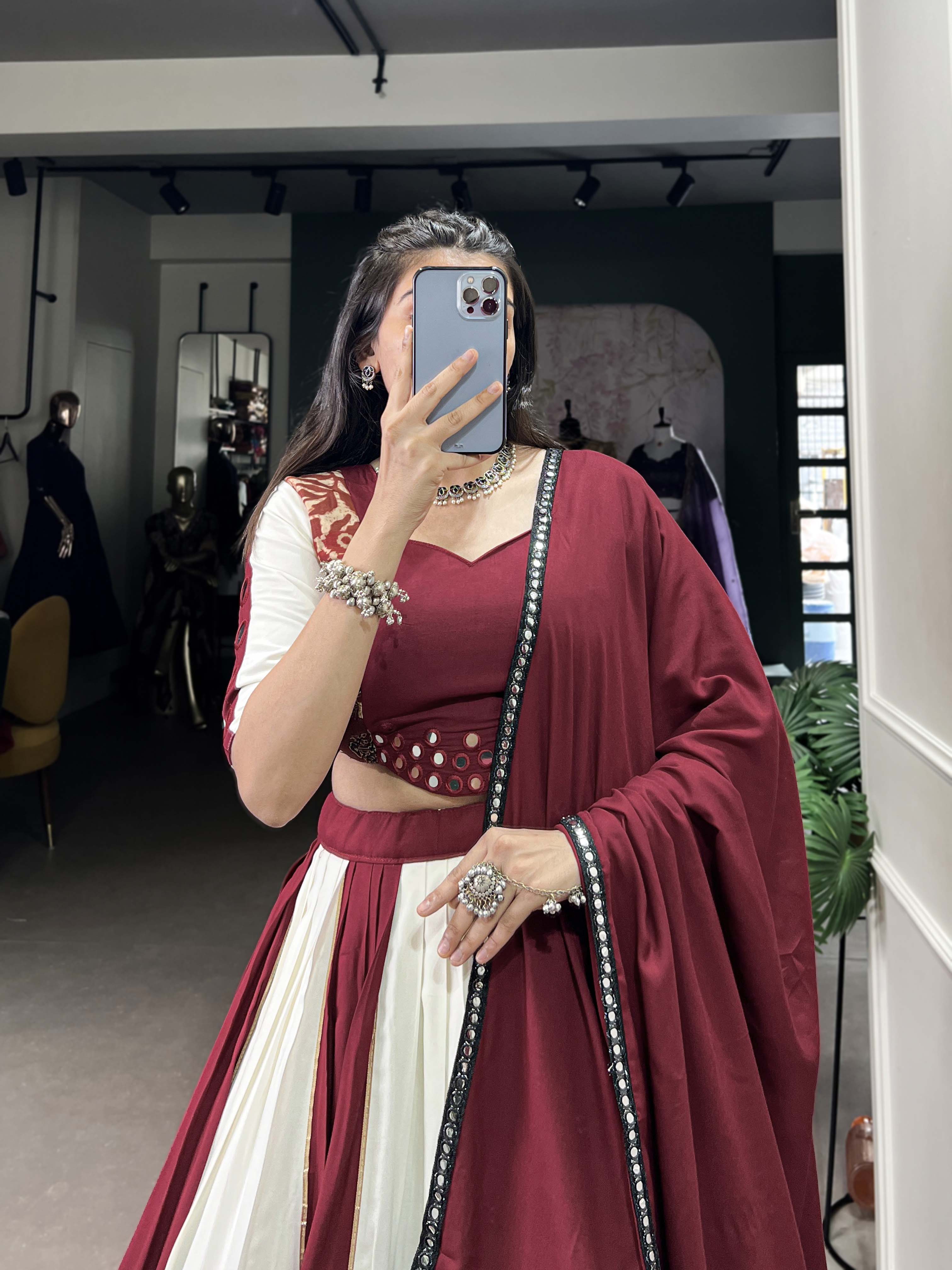 Maroon Color Plain And Printed With Paper Mirror Work Rayon Lehenga Choli