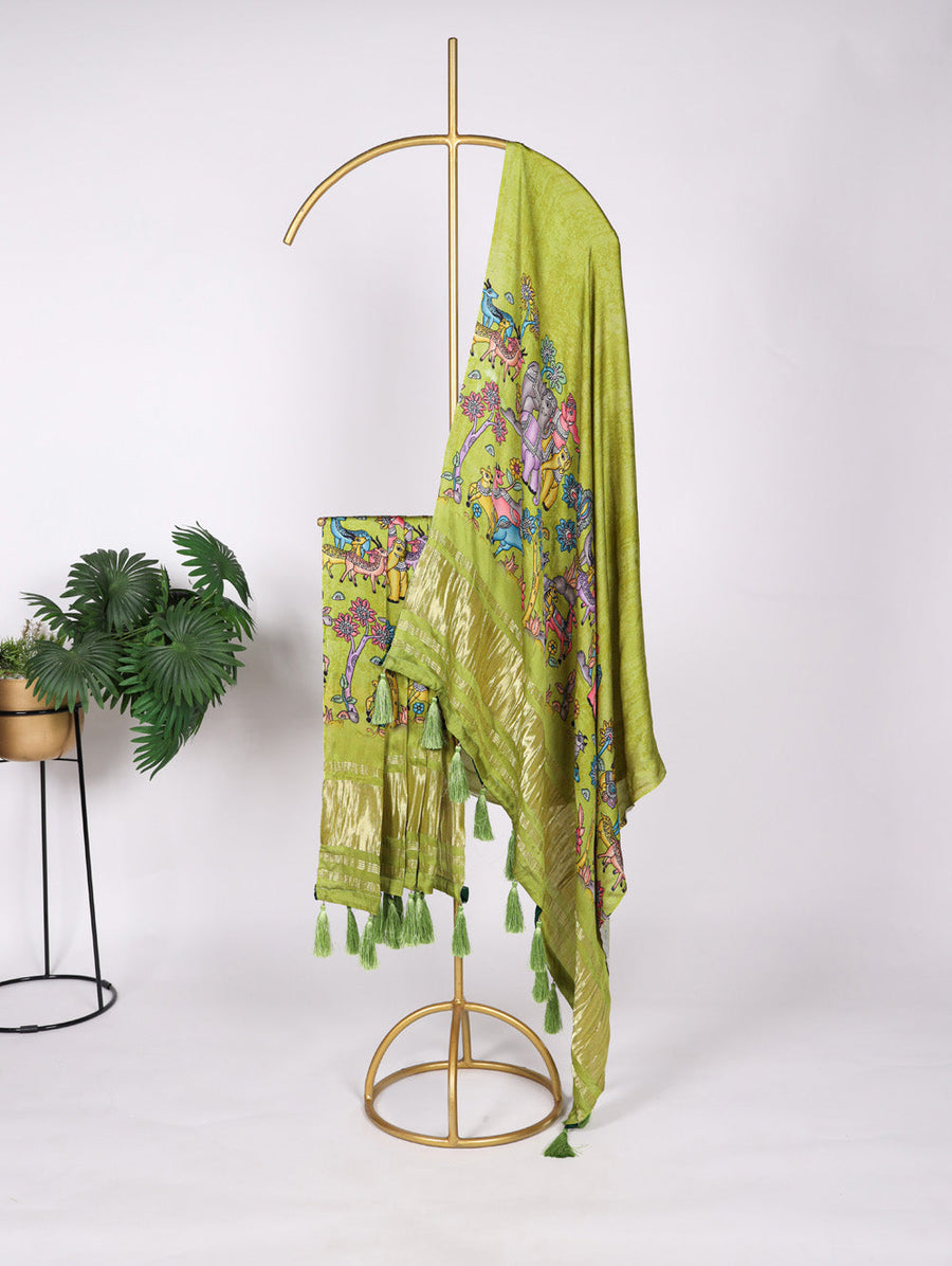 Parrot Color Digital Print And Lagadi Patta Gaji Silk Dupatta