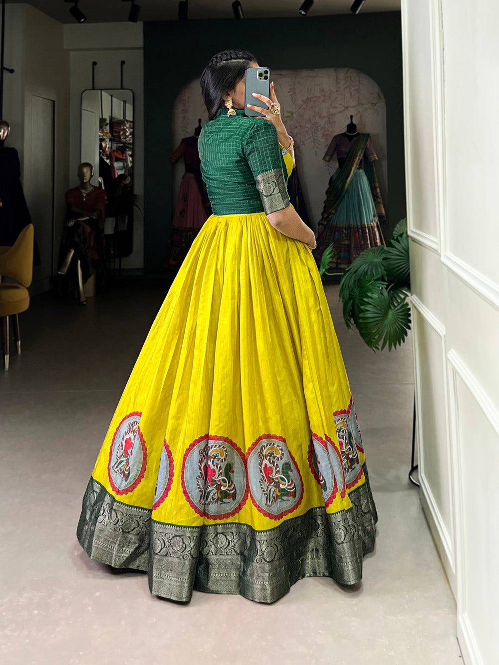 Parrot Color Kalamkari Print With Zari Weaving Border Dola Silk Gown