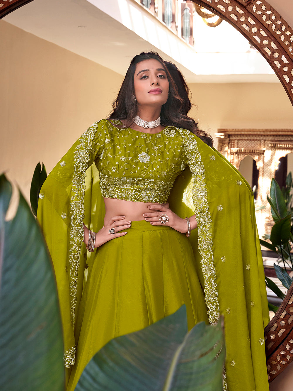 Parrot Color Pearl Coding And Sequins Embroidery Work Star Georgette Lehenga Choli