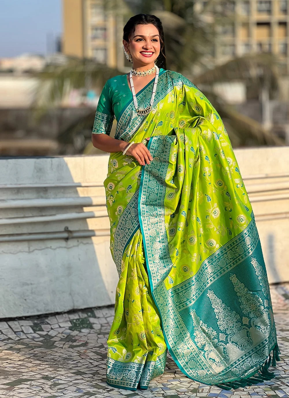 Parrot green Banarasi silk saree for wedding with zari meenakari jaal
