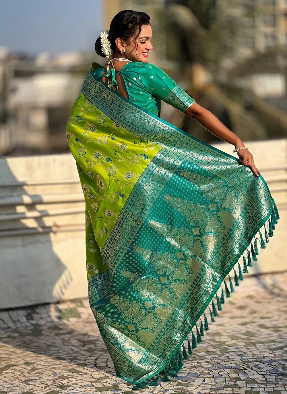 Parrot Green Banarasi Soft Silk Saree with Zari