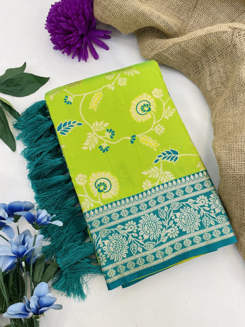 Parrot green Banarasi silk saree for wedding with zari meenakari jaal