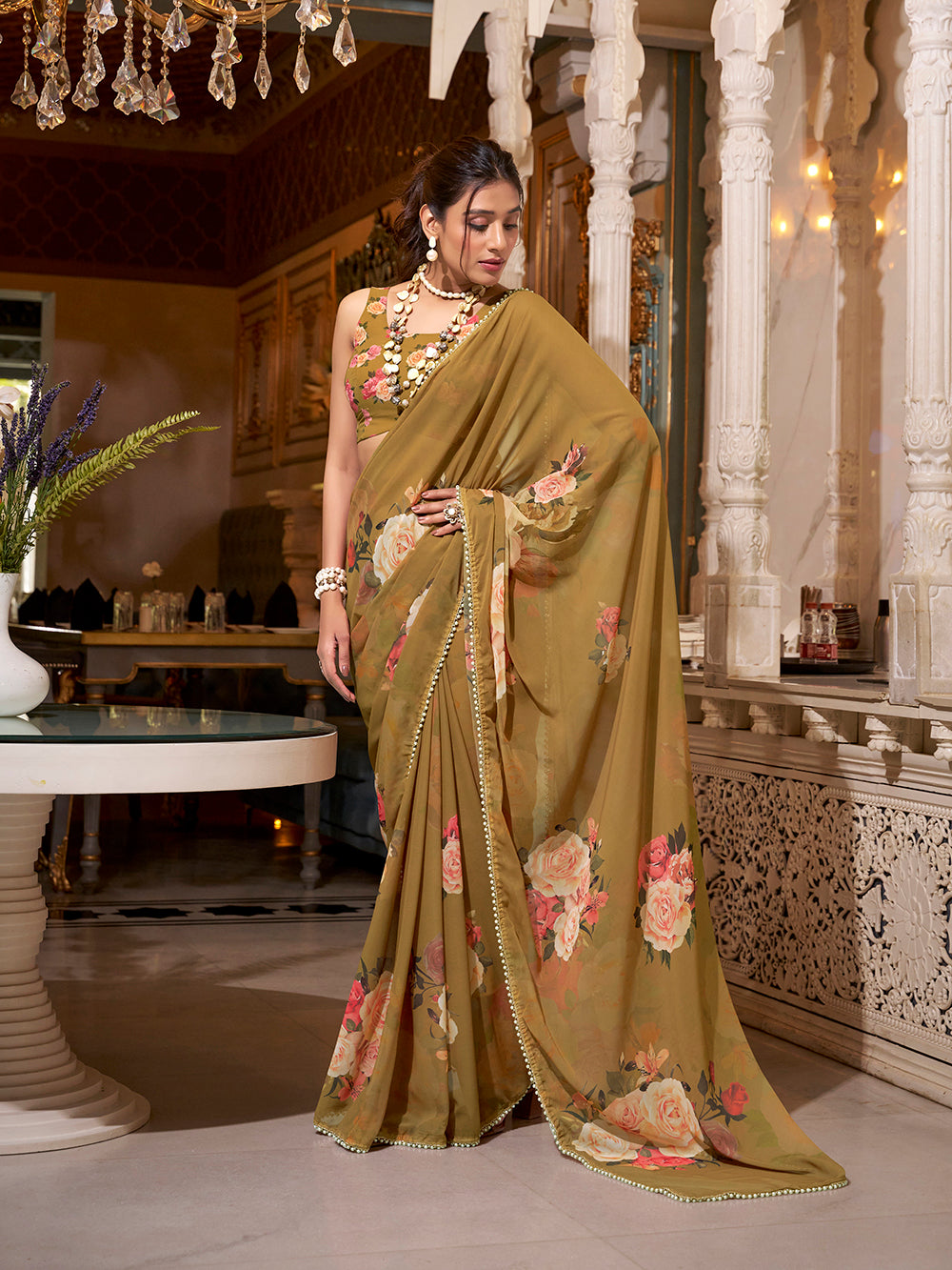 Brown plain saree with matching blouse fabric