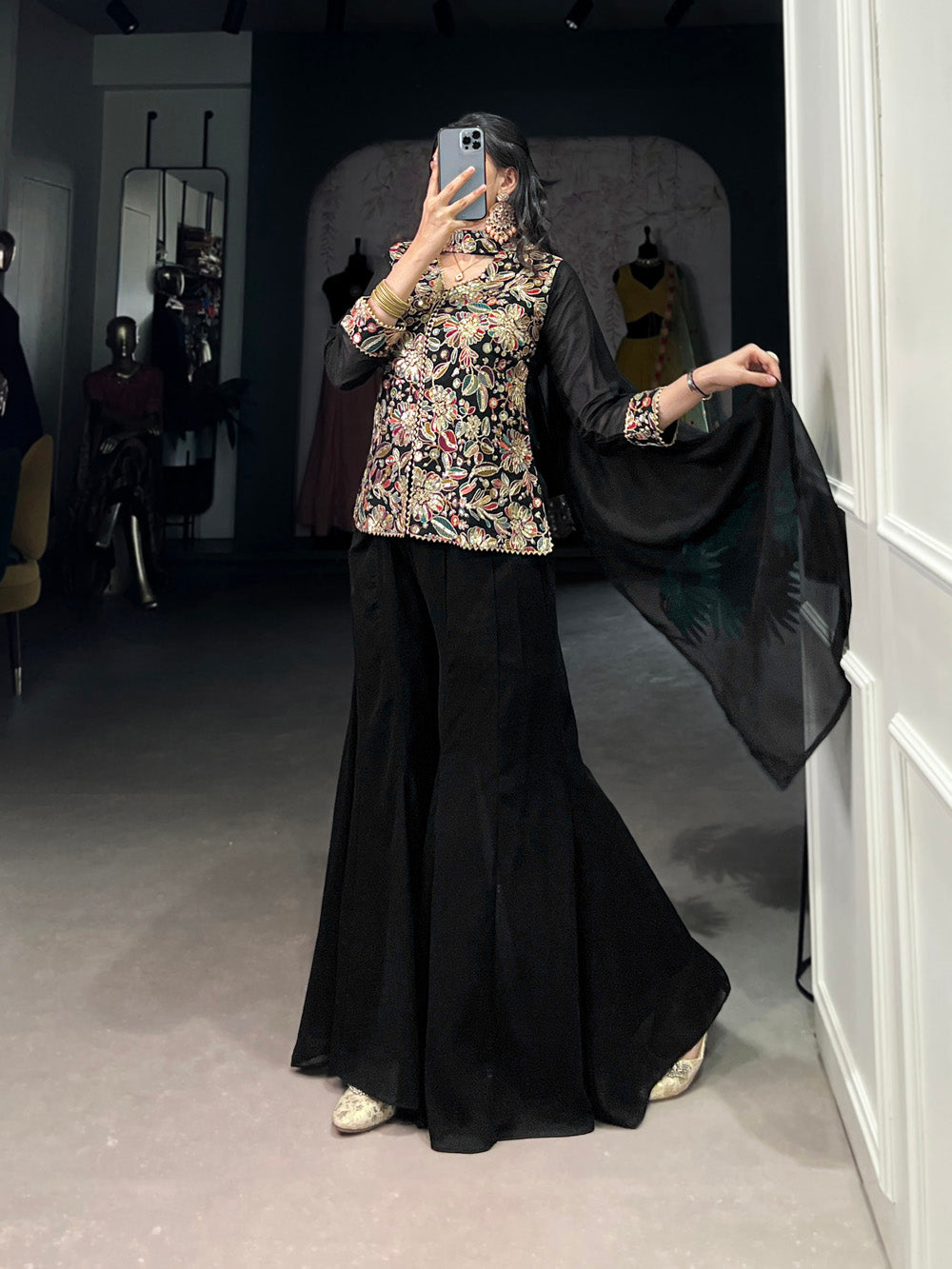 Black Color Sequins With Embroidery Work Georgette Kurti Plaza Set