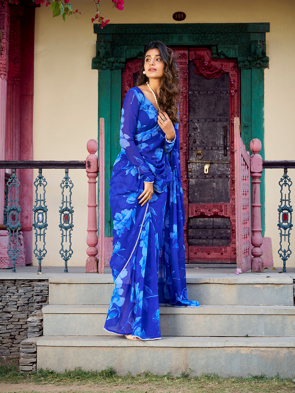 Blue pearl lace border chiffon saree