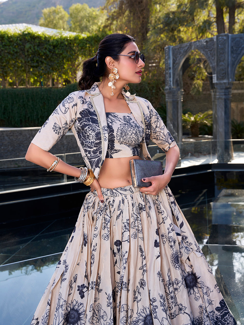 Cream Floral Print Tussar Silk Co-ord Set lehenga Choli