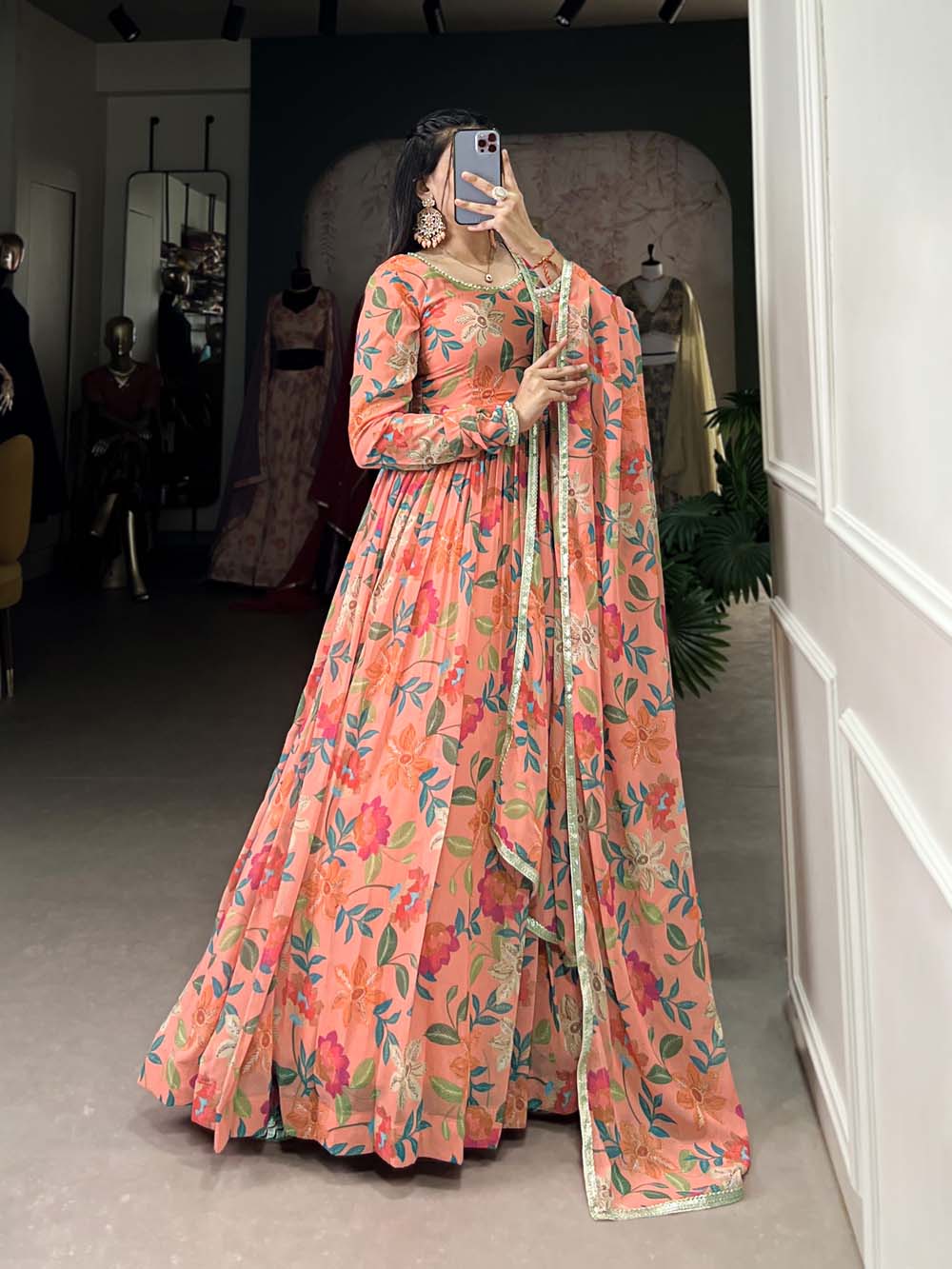 Peach Color Floral Print With Lace Border Georgette Gown