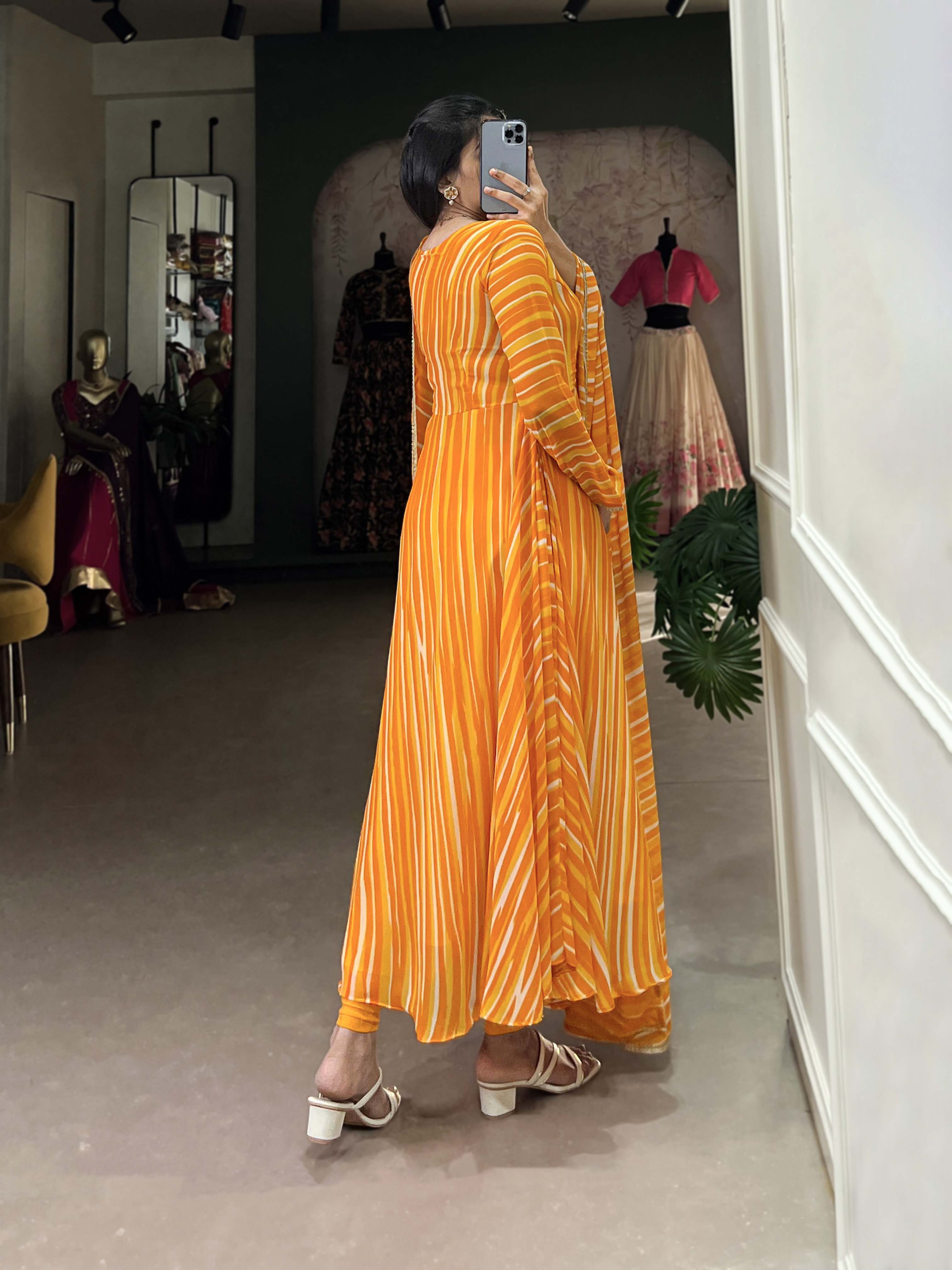 Yellow Color Leheriya With Lace Touch Up Georgette Gown