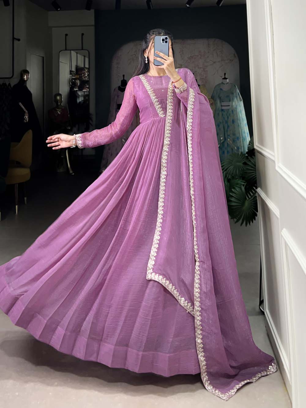 Lavender Color Hotfix With Sequince Lace Border Silver Glory Gown