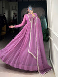 Lavender Color Hotfix With Sequince Lace Border Silver Glory Gown