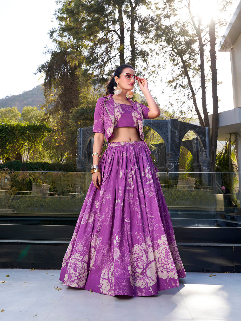 Purple Tussar silk floral print lehenga choli